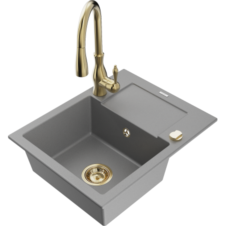 Mexen Enzo 1-Bowl Granite Sink with Drainer and Savita Kitchen Faucet, Gray - 6506-71-672601-50