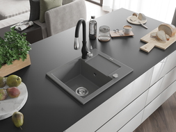 Mexen Enzo fregadero de granito de 1 cubeta con escurridor y grifo de cocina Savita, gris - 6506-71-672601-70