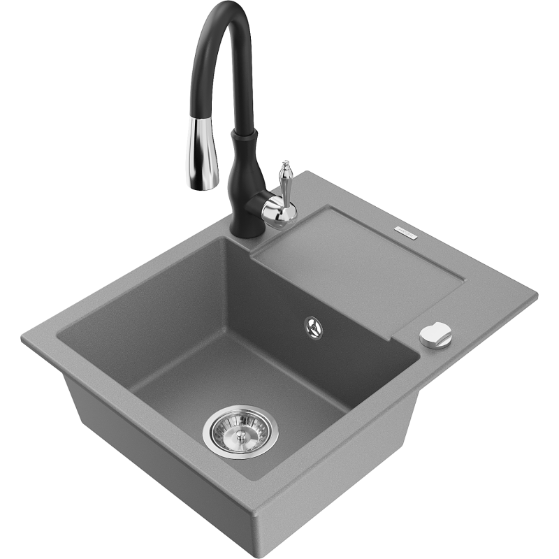 Mexen Enzo fregadero de granito de 1 cubeta con escurridor y grifo de cocina Savita, gris - 6506-71-672601-70