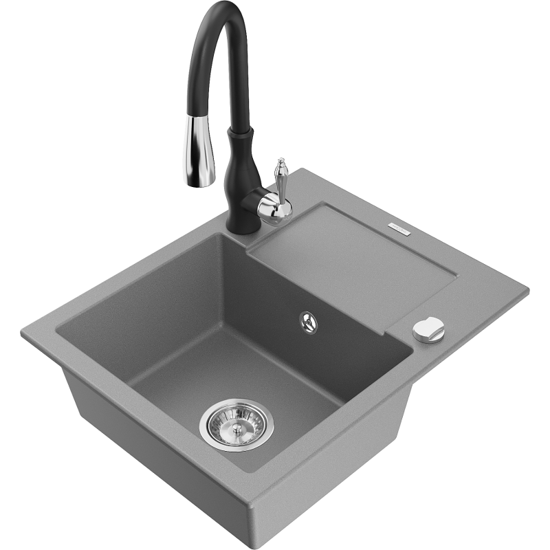 Mexen Enzo Granite Kitchen Sink 1-Bowl with Drainer and Savita Kitchen Tap, Grey - 6506-71-672601-70