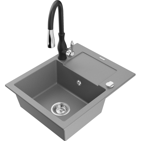 Mexen Enzo Granite Kitchen Sink 1-Bowl with Drainer and Savita Kitchen Tap, Grey - 6506-71-672601-70