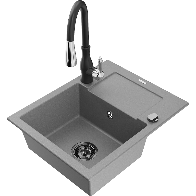 Mexen Enzo fregadero de granito de 1 tazón con escurridor y grifo de cocina Savita, gris - 6506-71-672601-70-B