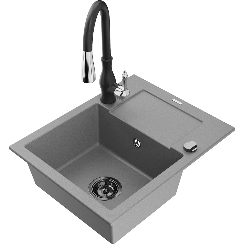 Mexen Enzo granitdiskbänk med 1 ho med avrinningsyta och köksblandare Savita, grå - 6506-71-672601-70-B