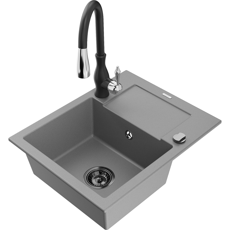Mexen Enzo Granite Kitchen Sink 1-Bowl with Drainer and Savita Kitchen Tap, Grey - 6506-71-672601-70-B