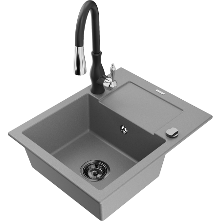 Mexen Enzo Granite Kitchen Sink 1-Bowl with Drainer and Savita Kitchen Tap, Grey - 6506-71-672601-70-B