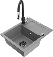 Mexen Enzo granite kitchen sink with 1 compartment, drainer, and Savita kitchen faucet, gray - 6506-71-672601-70-B