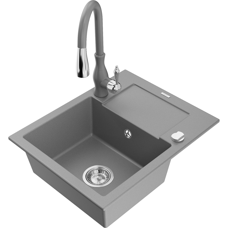 Mexen Enzo granite sink 1-bowl with drainer and Savita kitchen tap, grey - 6506-71-672601-71