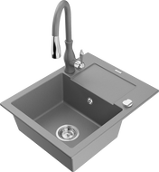 Mexen Enzo granite sink 1-bowl with drainer and Savita kitchen tap, grey - 6506-71-672601-71