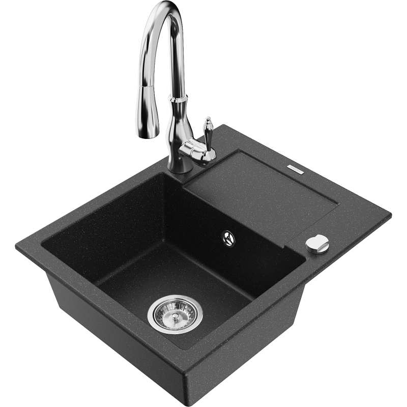 Mexen Enzo fregadero de granito de 1 seno con escurridor y grifo de cocina Savita, negro/plateado metálico - 6506-73-672601-00
