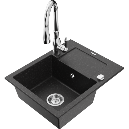 Mexen Enzo 1-bowl granite sink with drainer and Savita kitchen tap, black/silver metallic - 6506-73-672601-00