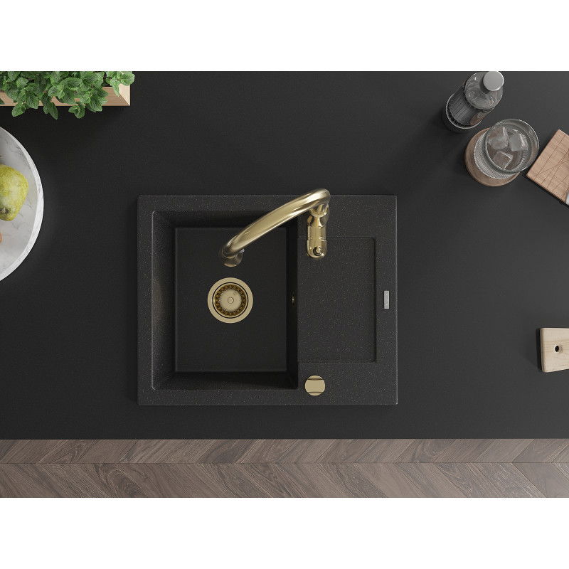 Mexen Enzo 1-komorige granieten gootsteen met afdruiprek en keukenkraan Savita, zwart/zilver metallic - 6506-73-672601-50