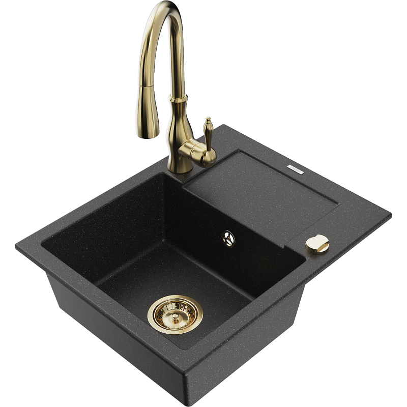 Mexen Enzo 1-bowl granite sink with drainer and Savita kitchen tap, black/silver metallic - 6506-73-672601-50