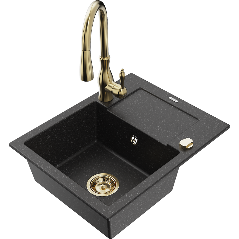 Mexen Enzo 1-komorige granieten gootsteen met afdruiprek en keukenkraan Savita, zwart/zilver metallic - 6506-73-672601-50