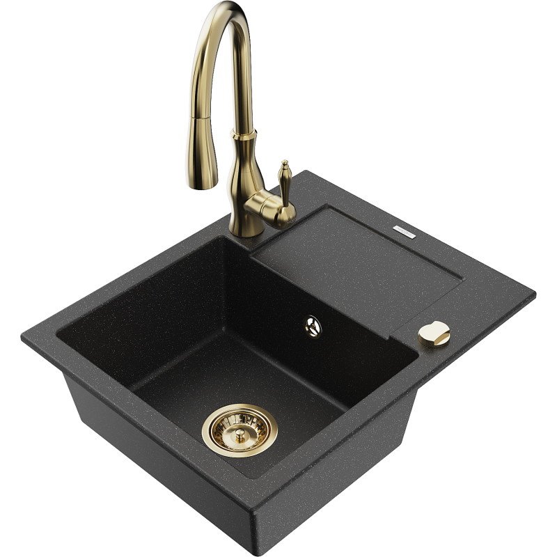 Mexen Enzo granit keukenwasbak 1-komorige met afdruiprek en keukenkraan Savita, zwart/zilveren metallic - 6506-73-672601-50