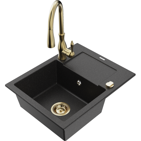 Mexen Enzo 1-bowl granite sink with drainer and Savita kitchen tap, black/silver metallic - 6506-73-672601-50