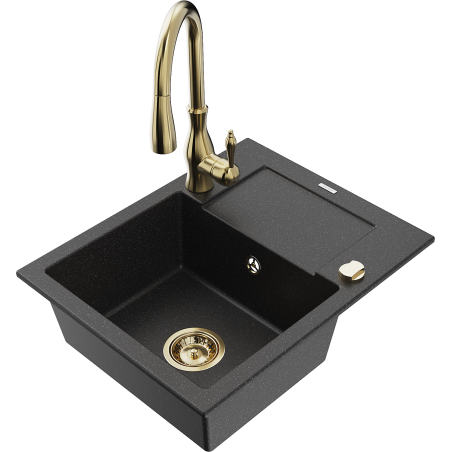 Mexen Enzo granite kitchen sink 1-bowl with drainer and kitchen faucet Savita, black/silver metallic - 6506-73-672601-50