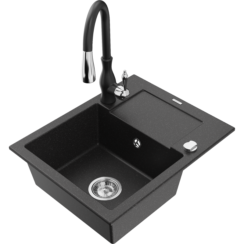 Mexen Enzo 1-kameru granīta izlietne ar noteku un virtuves jaucējkrānu Savita, melna/sudraba metālika - 6506-73-672601-70