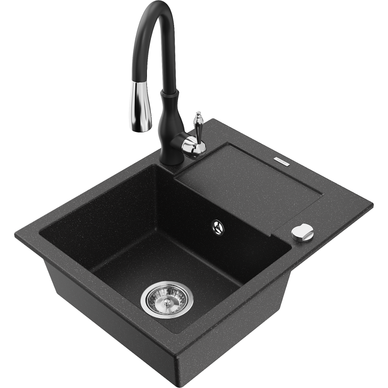 Mexen Enzo fregadero de granito de 1 cubeta con escurridor y grifo de cocina Savita, negro/plateado metálico