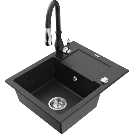 Mexen Enzo fregadero de granito de 1 cubeta con escurridor y grifo de cocina Savita, negro/plateado metálico