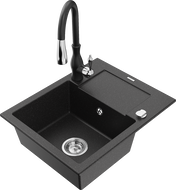 Mexen Enzo granite kitchen sink 1-bowl with drainer and kitchen faucet Savita, black/silver metallic - 6506-73-672601-70