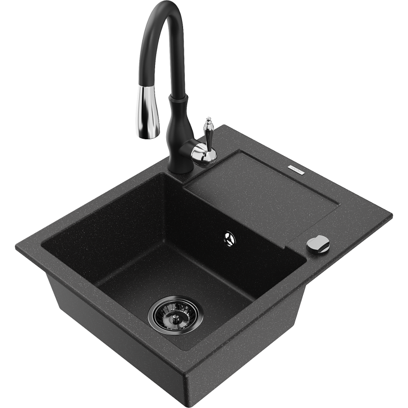 Mexen Enzo granite sink single bowl with drainer and Savita kitchen tap, black/silver metallic - 6506-73-672601-70-B