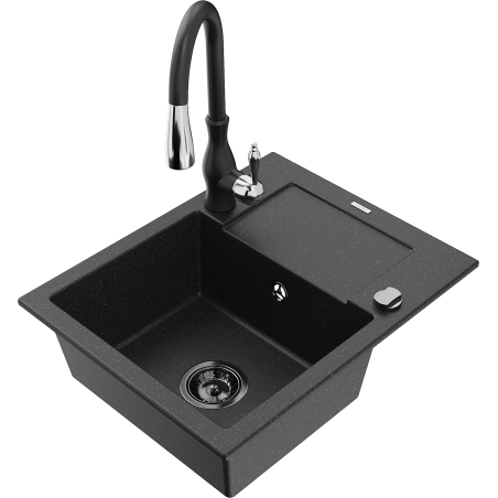 Mexen Enzo granite sink single bowl with drainer and Savita kitchen tap, black/silver metallic - 6506-73-672601-70-B