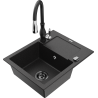 Mexen Enzo granite sink single bowl with drainer and Savita kitchen tap, black/silver metallic - 6506-73-672601-70-B