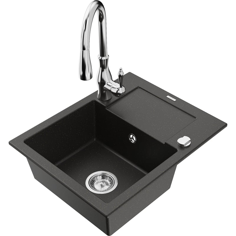 Mexen Enzo fregadero de granito de 1 cubeta con escurridor y grifo de cocina Savita, negro/dorado metálico - 6506-75-672601-00