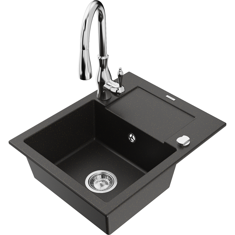 Mexen Enzo lavello in granito 1-vasca con scolapiatti e rubinetto da cucina Savita, nero/oro metallico - 6506-75-672601-00