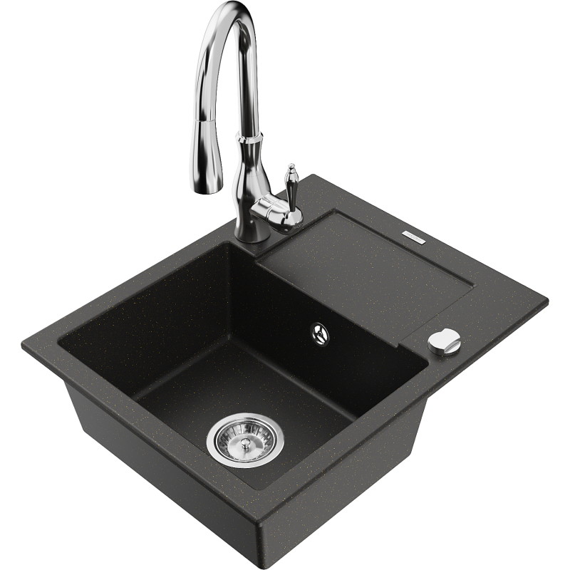 Mexen Enzo lavello in granito a 1 vasca con scolapiatti e rubinetto da cucina Savita, nero/oro metallico - 6506-75-672601-00