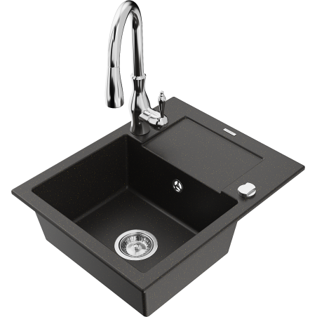 Mexen Enzo 1-bowl granite sink with drainer and Savita kitchen faucet, black/gold metallic - 6506-75-672601-00