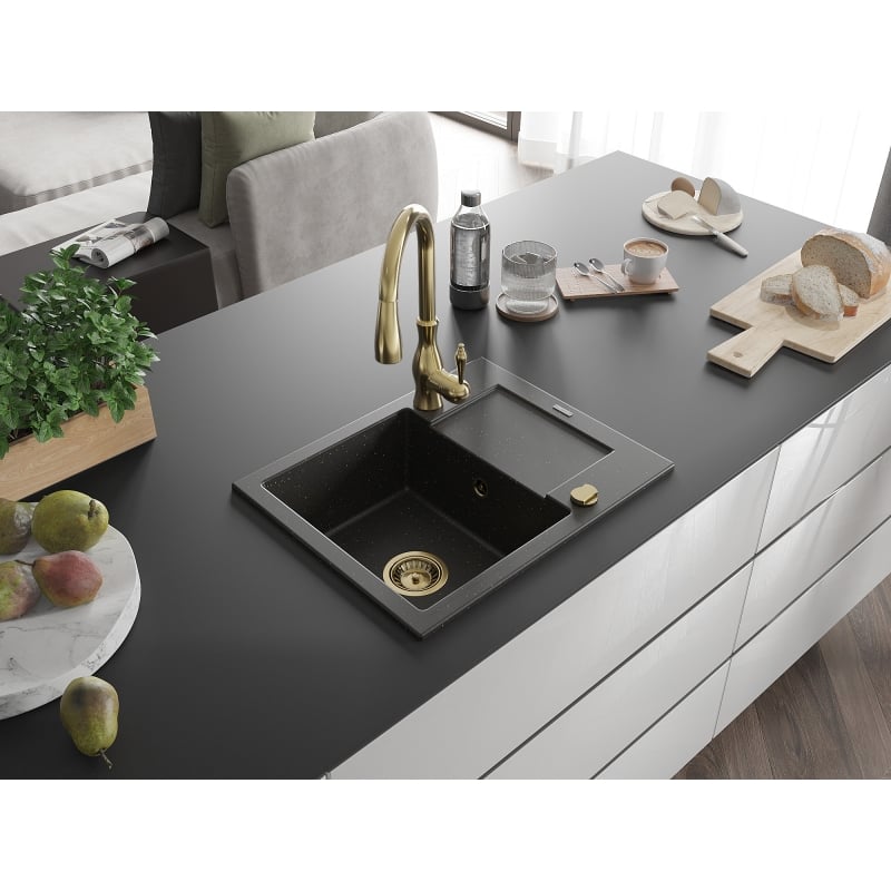 Mexen Enzo granite sink 1-bowl with drainer and Savita kitchen faucet, black/gold metallic - 6506-75-672601-50