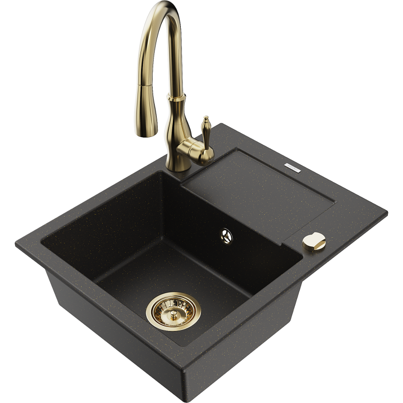 Mexen Enzo lava-loiça de granito de uma cuba com escorredor e torneira de cozinha Savita, preto/dourado metálico