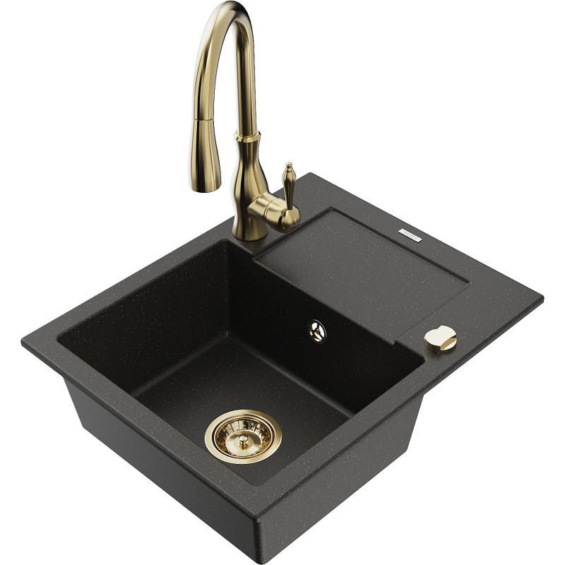 Mexen Enzo lavello in granito a 1 vasca con gocciolatoio e rubinetto da cucina Savita, nero/oro metallizzato - 6506-75-672601-50
