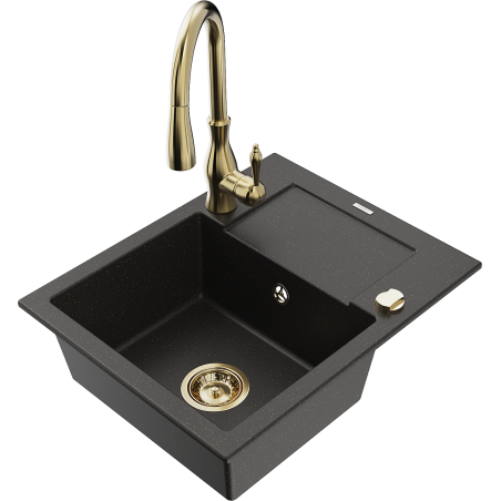 Mexen Enzo granite sink 1-bowl with drainer and Savita kitchen faucet, black/gold metallic - 6506-75-672601-50