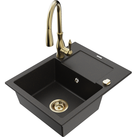 Mexen Enzo granitische spoelbak met 1 bak en afdruiprek en keukenmengkraan Savita, zwart/goud metallic - 6506-75-672601-50