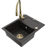 Mexen Enzo granieten gootsteen met 1 bak, afdruiprek en keukenkraan Savita, zwart/goud metallic - 6506-75-672601-50