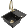 Mexen Enzo granite sink 1-bowl with drainer and Savita kitchen faucet, black/gold metallic - 6506-75-672601-50