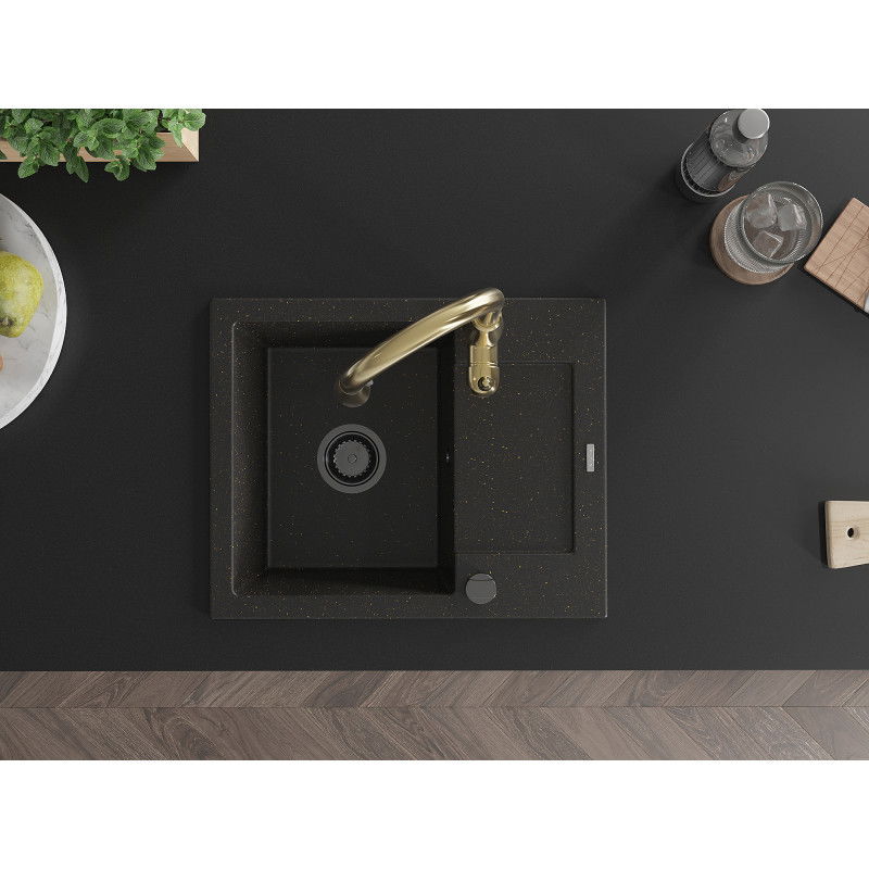 Mexen Enzo Granitspüle 1-Becken mit Abtropffläche und Küchenarmatur Savita, schwarz/gold metallic - 6506-75-672601-50-B
