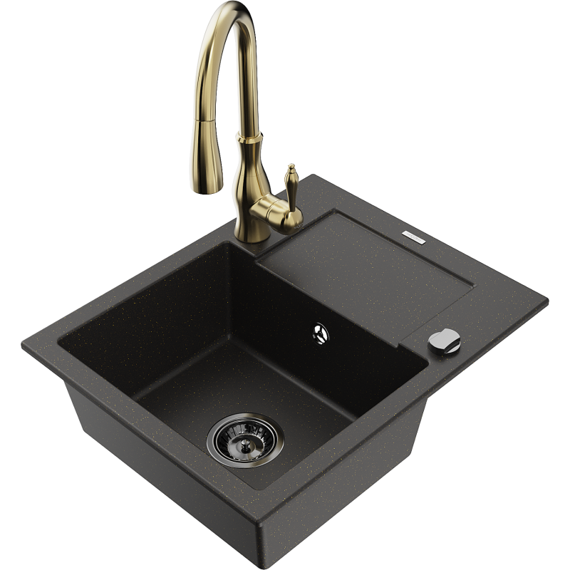 Mexen Enzo fregadero de granito 1-cubeta con escurridor y grifo de cocina Savita, negro/dorado metálico - 6506-75-672601-50-B