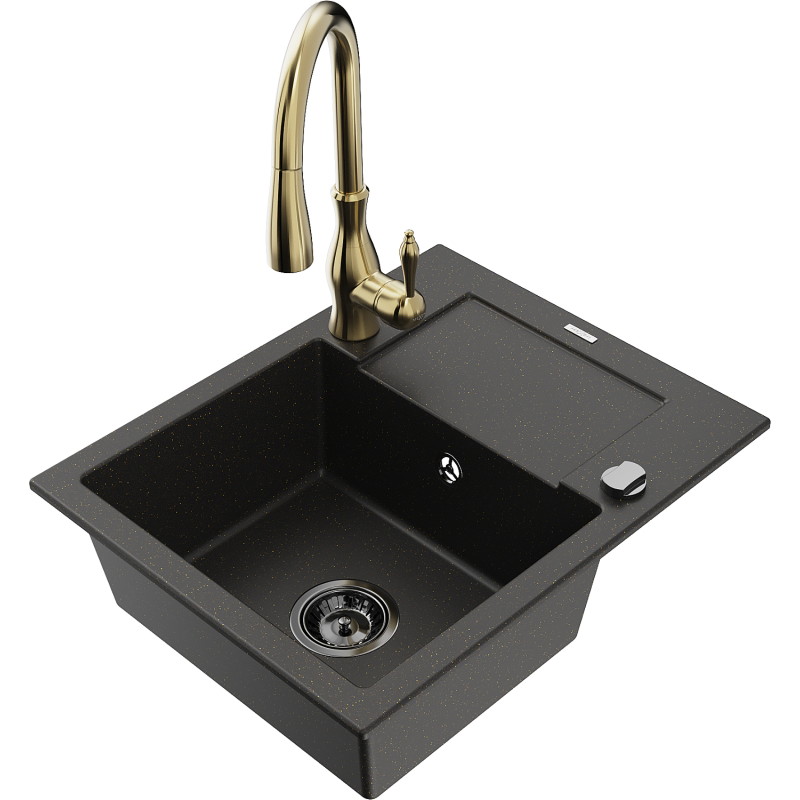Mexen Enzo fregadero de granito de 1 cubeta con escurridor y grifo de cocina Savita, negro/dorado metálico