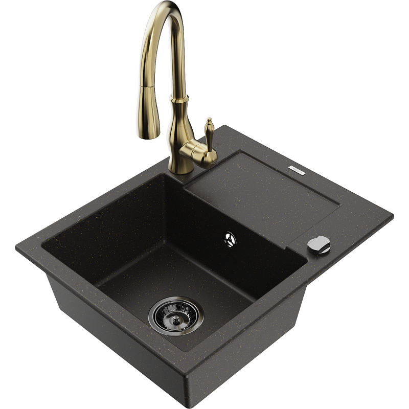 Mexen Enzo granite kitchen sink 1-bowl with drainer and Savita kitchen tap, black/gold metallic - 6506-75-672601-50-B