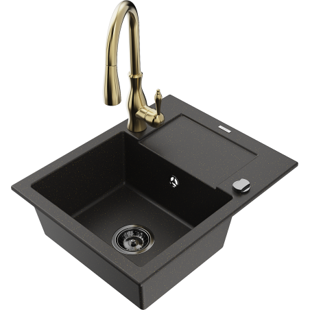 Mexen Enzo granieten spoelbak 1-komorige met druiprek en keukenmengkraan Savita, zwart/gouden metallic - 6506-75-672601-50-B