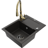 Mexen Enzo granite kitchen sink 1-bowl with drainer and Savita kitchen tap, black/gold metallic - 6506-75-672601-50-B