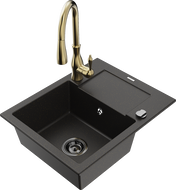 Mexen Enzo granite sink 1-bowl with drainer and Savita kitchen faucet, black/gold metallic - 6506-75-672601-50-B