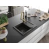 Mexen Enzo granite sink 1-bowl with drainer and Savita kitchen faucet, black/gold metallic - 6506-75-672601-50-B
