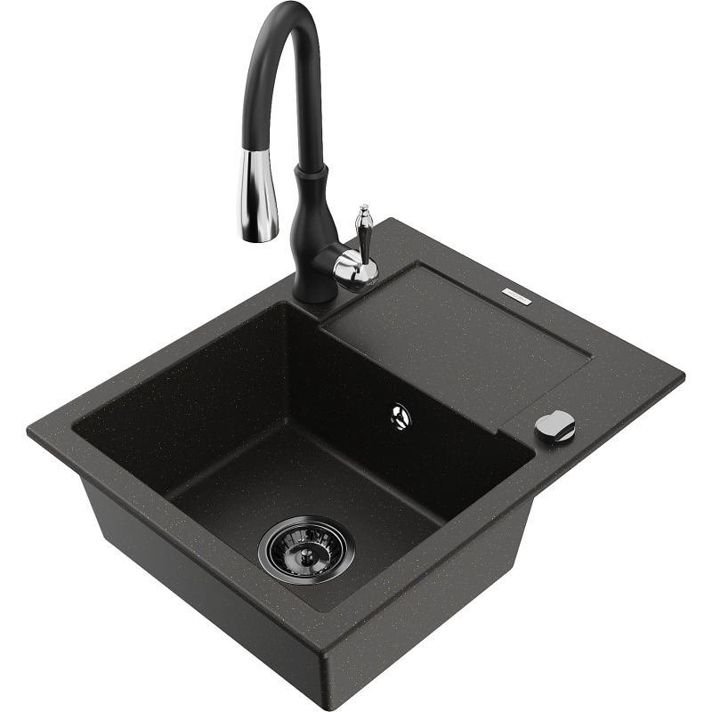 Mexen Enzo grants izlietne ar vienu nodalījumu, ar noteces un virtuves krānu Savita, melns/zelta metālika - 6506-75-672601-70-B