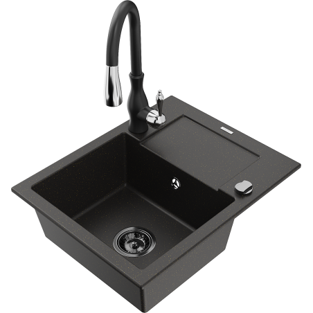 Mexen Enzo évier en granit 1 bac avec égouttoir et robinet de cuisine Savita, noir/or métallisé - 6506-75-672601-70-B