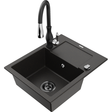 Mexen Enzo granite sink, 1-bowl with drainer and Savita kitchen tap, black/gold metallic - 6506-75-672601-70-B