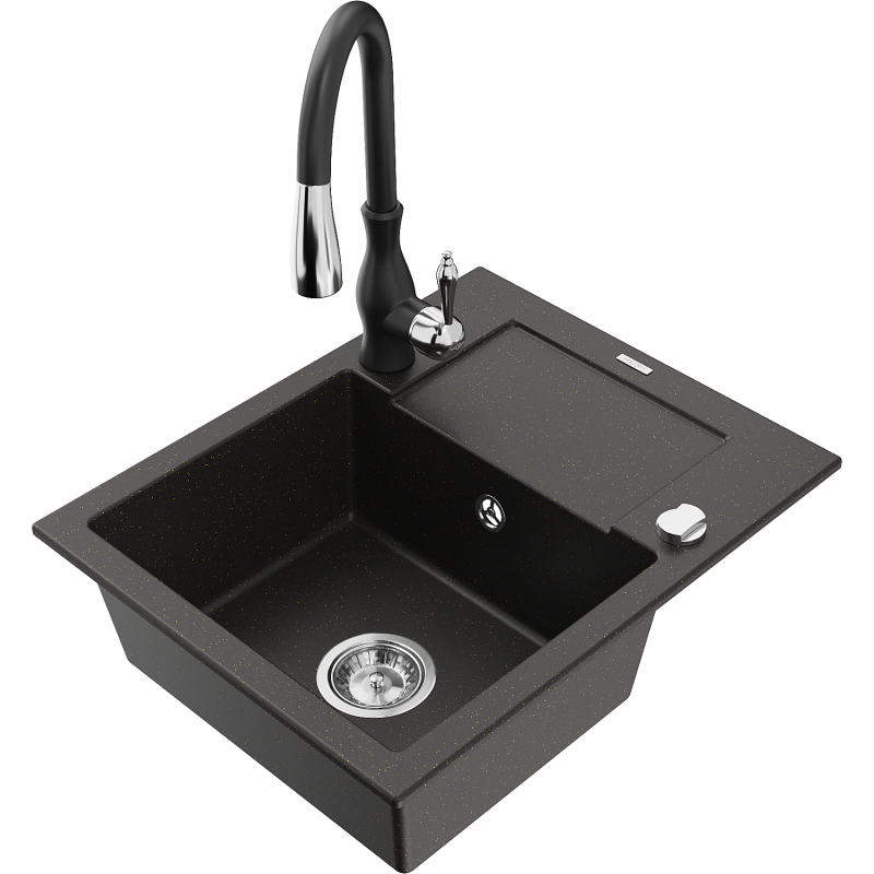 Mexen Enzo fregadero de granito de 1 cubeta con escurridor y grifo de cocina Savita, negro/dorado metálico - 6506-75-672601-70